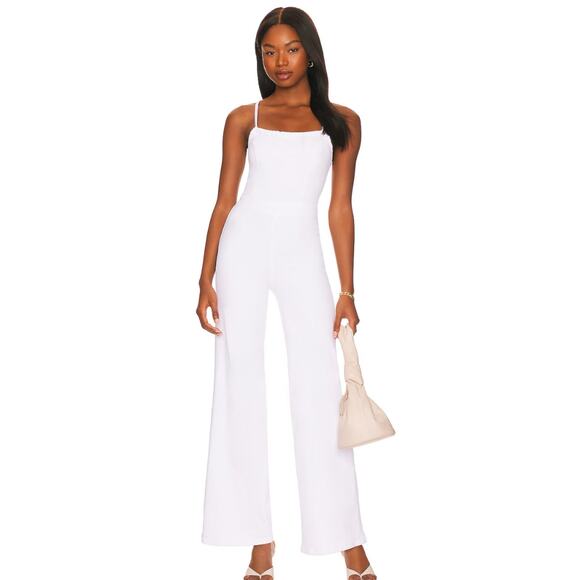 Good American Vacay Denim Jumpsuit Wide Leg Lace up BackTie Back White Sz 2 - Picture 1 of 12